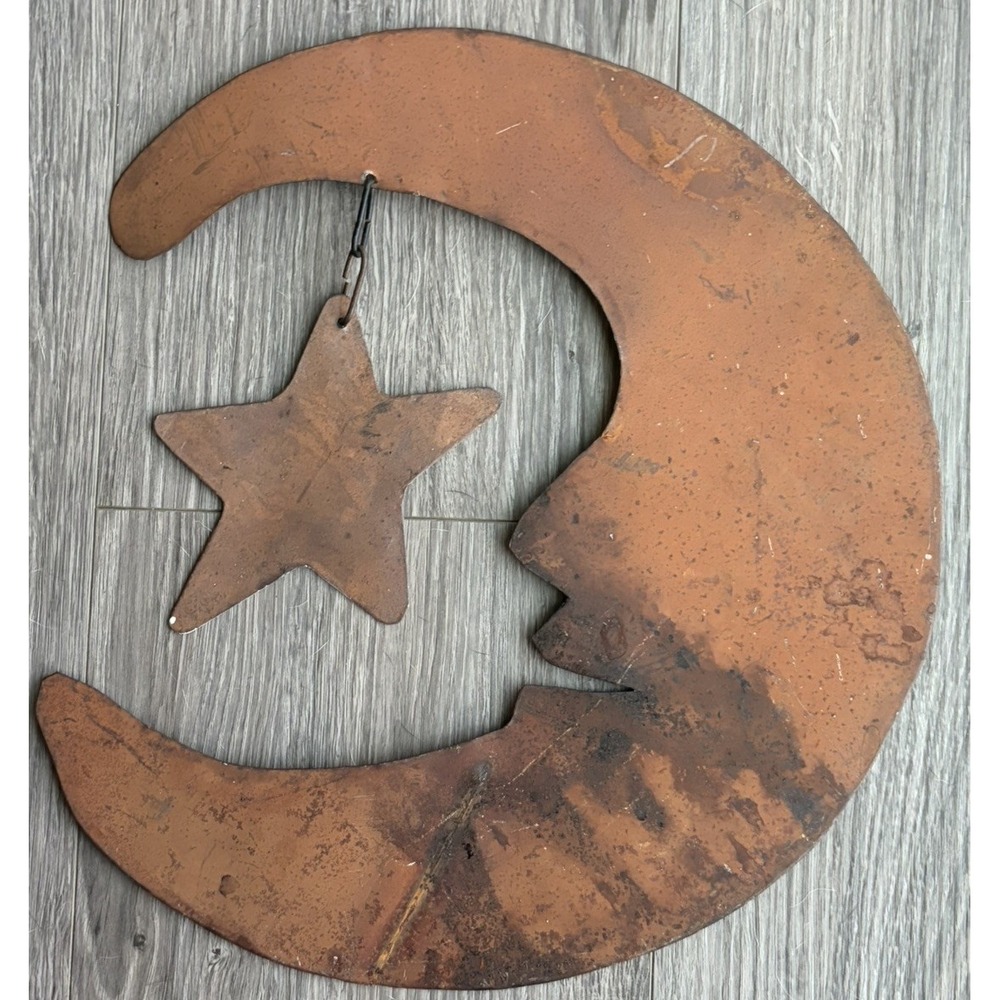 90s Vintage Cut Metal Crescent Man in Moon Garden Decor Wall Art Rusty Primitive